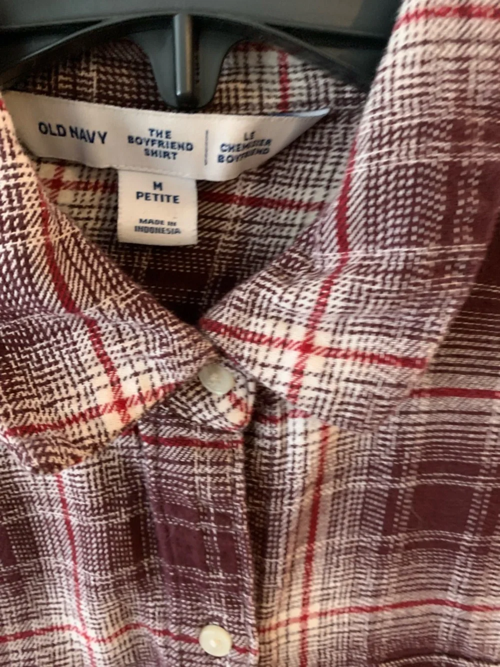 Old Navy ( the boyfriend shirt)Burgundy & White Plaid Flannel button -Down Shirt - Picture 2 of 3